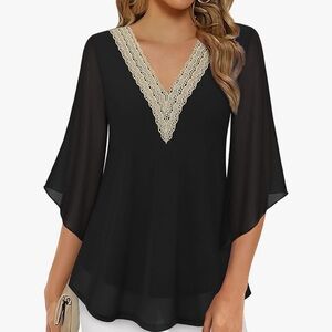 Chic Black V-Neck Blouse with Lace Detail